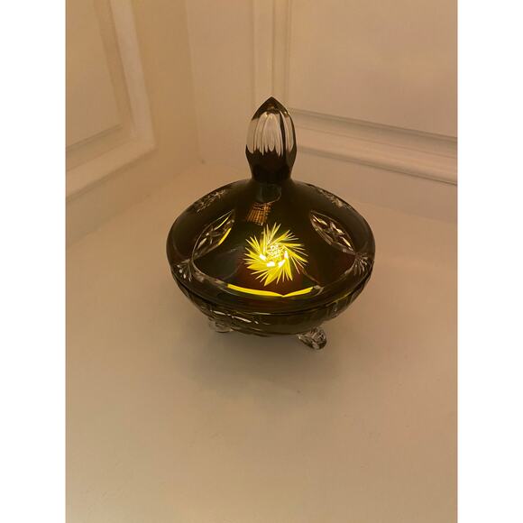 Antique Bohemian Amethyst Cut To Clear Crystal Footed Candy Dish Bowl with Lid - Picture 12 of 14